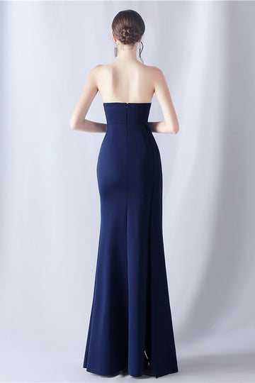 Vestido de fiesta de corsé largo sin tirantes de sirena azul marino con abertura